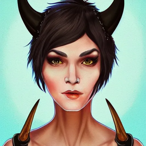 Image similar to illustrated realistic portrait of prong-horned devil woman with blue bob hairstyle and her tan colored skin and with solid black eyes wearing leather by rossdraws