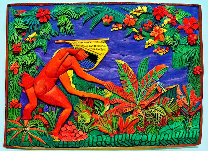 Image similar to colorized stylized bas relief sculpture of a tropical paradise in mexico folk art style