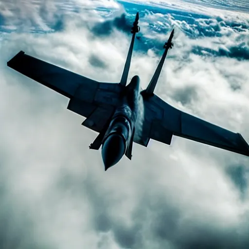 Image similar to stylish shot cinematic of a fighter jet flying through clouds