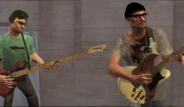 Prompt: steve albini npc carrying a guitar in left 4 dead 2, source engine, gameplay screenshot