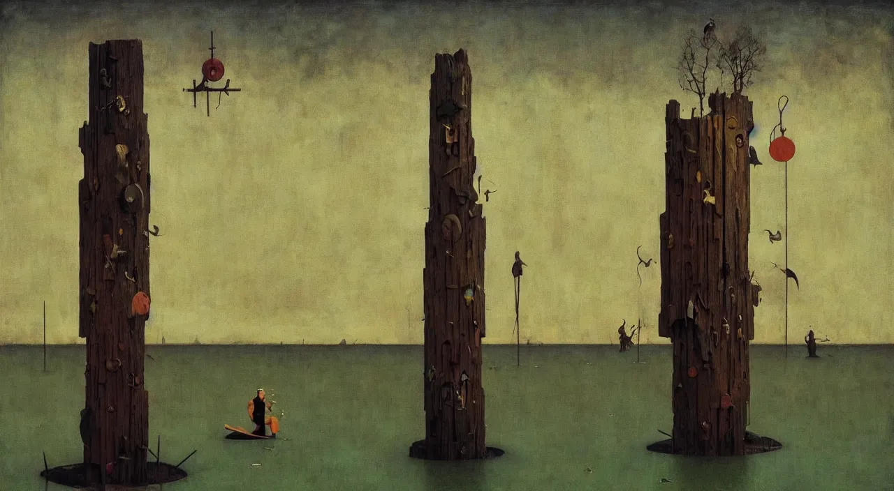 Prompt: single flooded simple!! wooden totem!! pole, very coherent and colorful high contrast masterpiece by norman rockwell franz sedlacek hieronymus bosch dean ellis simon stalenhag rene magritte gediminas pranckevicius, dark shadows, sunny day, hard lighting