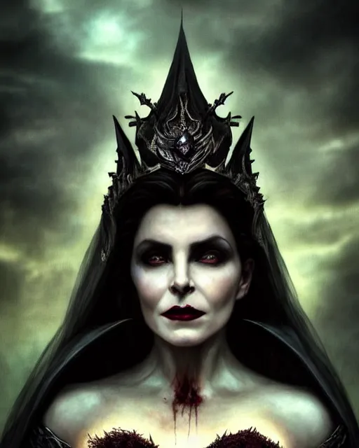 Image similar to portrait of an evil queen, dark magic, beautiful face, attractive young woman,heroic pose, full body, dramatic lighting, dark and horror, dust and blood, intricate, wild, highly detailed, digital painting, artstation, concept art, smooth, sharp focus, illustration, art by artgerm and greg rutkowski and alphonse mucha, footage from space camera