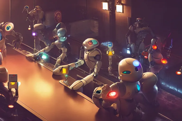 Prompt: robots socializing with each other at a local bar, octane render, rtx, unreal engine 5, digital painting, trending on artstation, highly detailed, epic composition, 8 k uhd