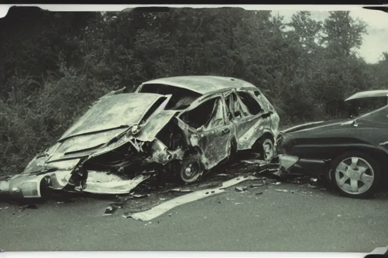 Prompt: old polaroid of a car crash, corpse on the road