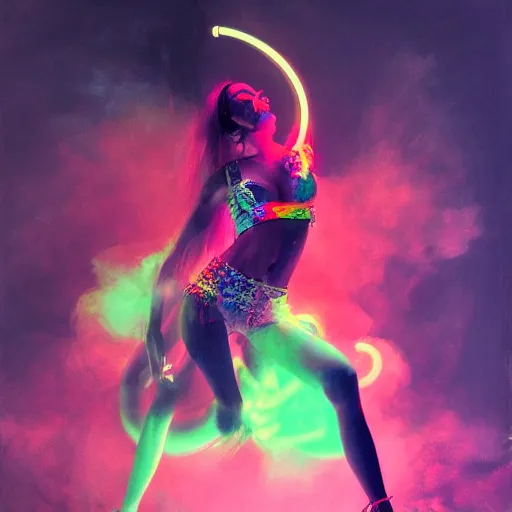 Image similar to vogue ball, smoke, neon, dancers, bright costumes, beautiful people, performance, bright lights beautiful fantasy detailed trending on artstation, oil painting, dramatic lighting, eterea, high quality print, fine art with subtle redshift rendering