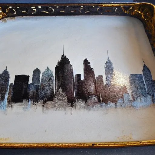 Image similar to oil on styrofoam crust - painting with melt of the city of atlanta skyline with symbolic filigree