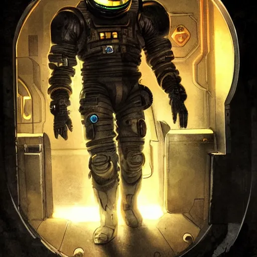 Image similar to Cyberpunk Dead Space themed Astronaut stepping out of an airlock, detailed illustration, Industrial Scifi, by Frank Frazetta and Martin Grip