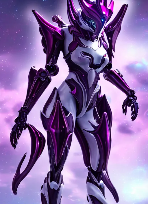 Image similar to cinematic close shot, galactic sized proportional stunning beautiful hot female warframe, sleek mecha goddess dragon head, metal ears, led purple eyes, smooth fuschia skin, smooth silver armor, floating in space, holding a galaxy, epic proportions, epic size, epic detail, furry art, dragon art, giantess art, warframe fanart, furaffinity, octane