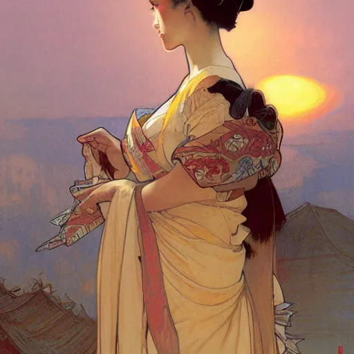 Prompt: matte painting of a geisha on sunset, alphonse mucha, james gurney, greg rutkowski, john howe, artstation