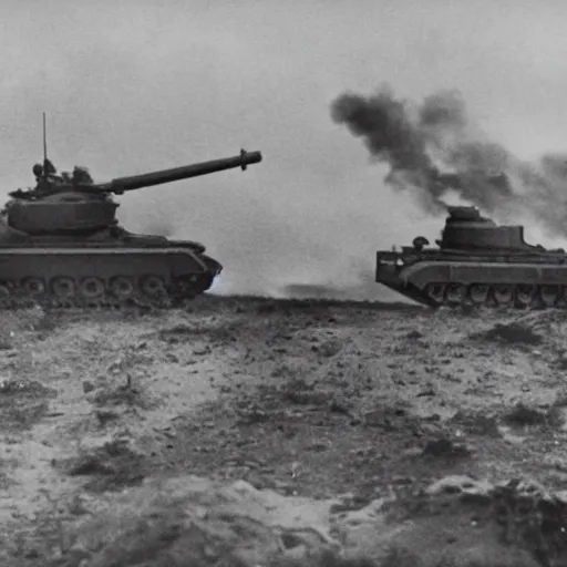 Image similar to photo of a large tank battle in WW1 cinematic framing