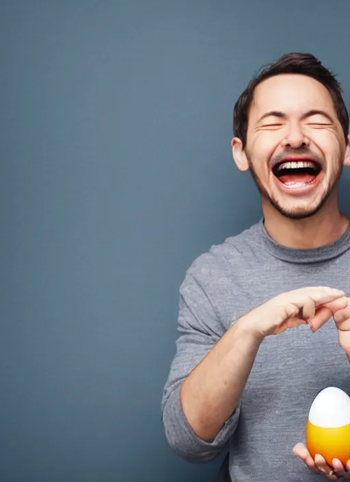 Image similar to a man standing atop an egg laughing wildly