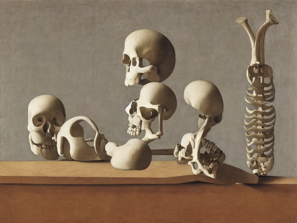 Prompt: Still life with Brancusi sculpted skeleton. Painting by Morandi, Piero della Francesca, Hammershoi.