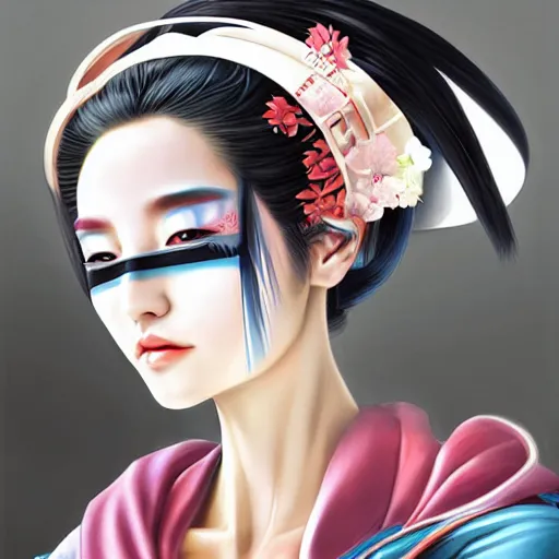 Prompt: portrait of beautiful japan cyberpunk geisha, by artgerm, nick silva, ja mong, greg rutkowsky, digital, soft painting, photorealism, skin reflections