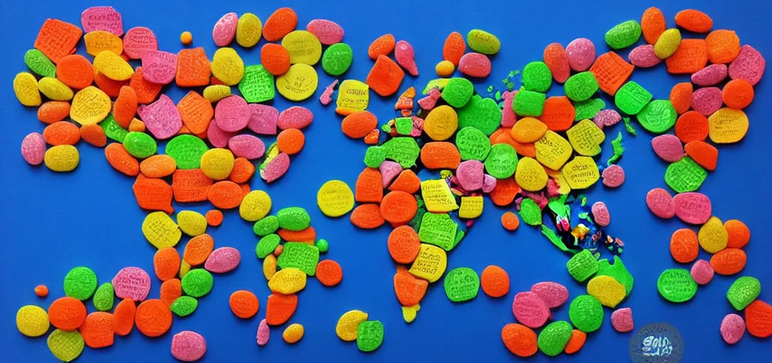 Prompt: world map made out of candy pieces