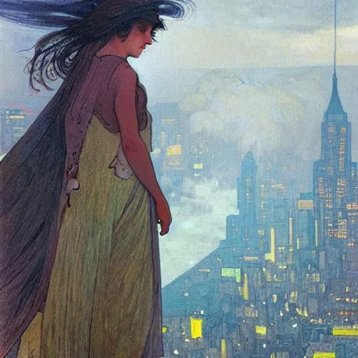 Image similar to “ a girl standing on a ledge looking down at a futuristic new york city below, fog, storm clouds, rain, detailed face, oil painting, by alphonse mucha ”