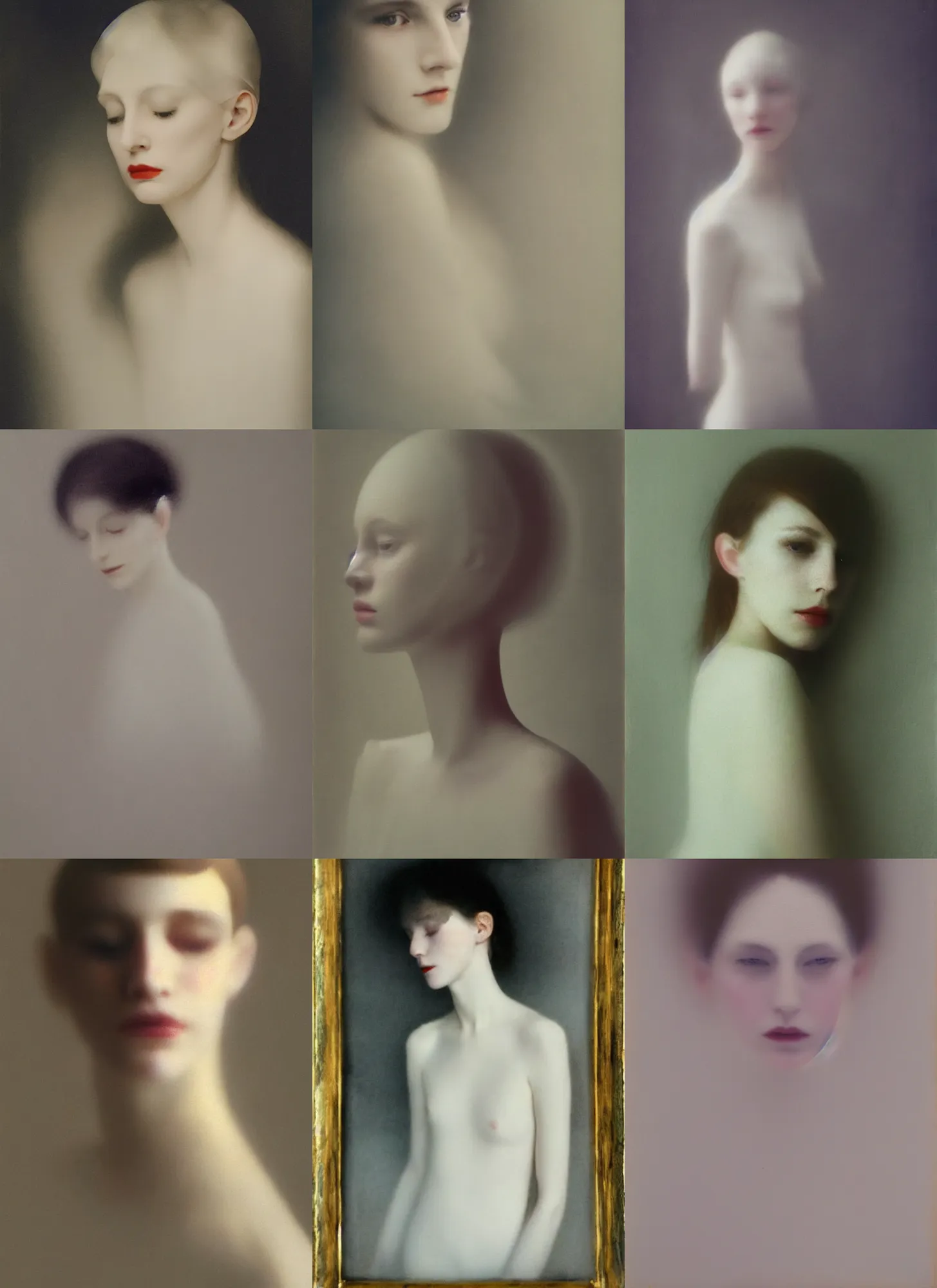 Image similar to out of focus photorealistic portrait of a beautiful!!! aesthetic!!! pale young woman by sarah moon, very blurry, translucent white skin, closed eyes, foggy