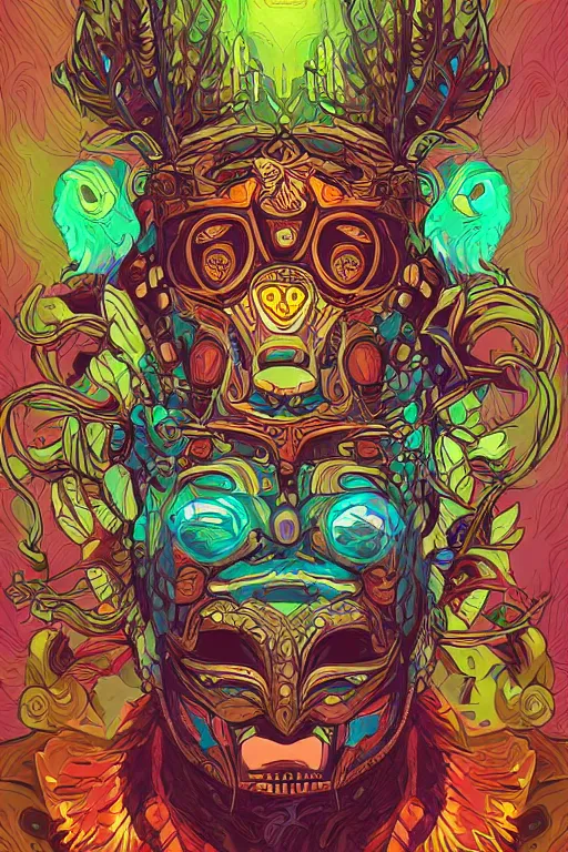 Image similar to animal mask totem roots tribal feather gemstone plant wood rock shaman vodoo video game vector illustration vivid multicolor borderlands comics by josan gonzales and dan mumford radiating a glowing aura