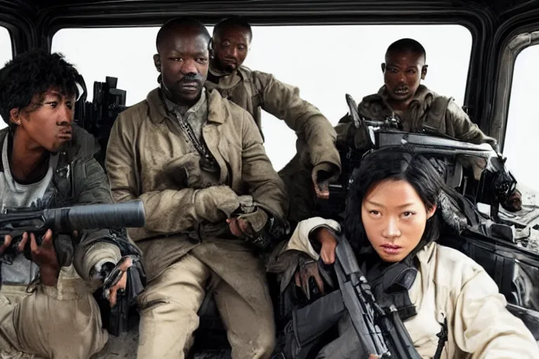 Image similar to movie diverse interracial team of Japanese robbers armed with rifles interior clean futuristic tactical van, beautiful skin, Symmetrical faces. natural lighting by Emmanuel Lubezki