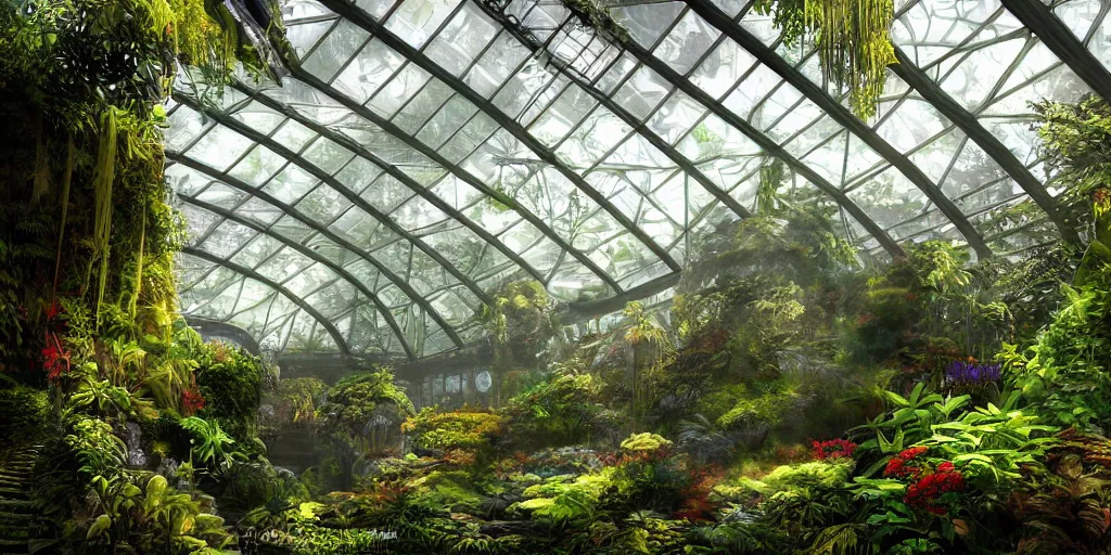 Prompt: long shot of a bright sun shining through a gardens in the bay interior, photo realistic glass conservatory, over grown botanical garden, pre raphaelite, atmospheric, ground mist, waterfalls, light streams, style of gardens in the bay singapore, art by artgerm, sharp, intricate detail,