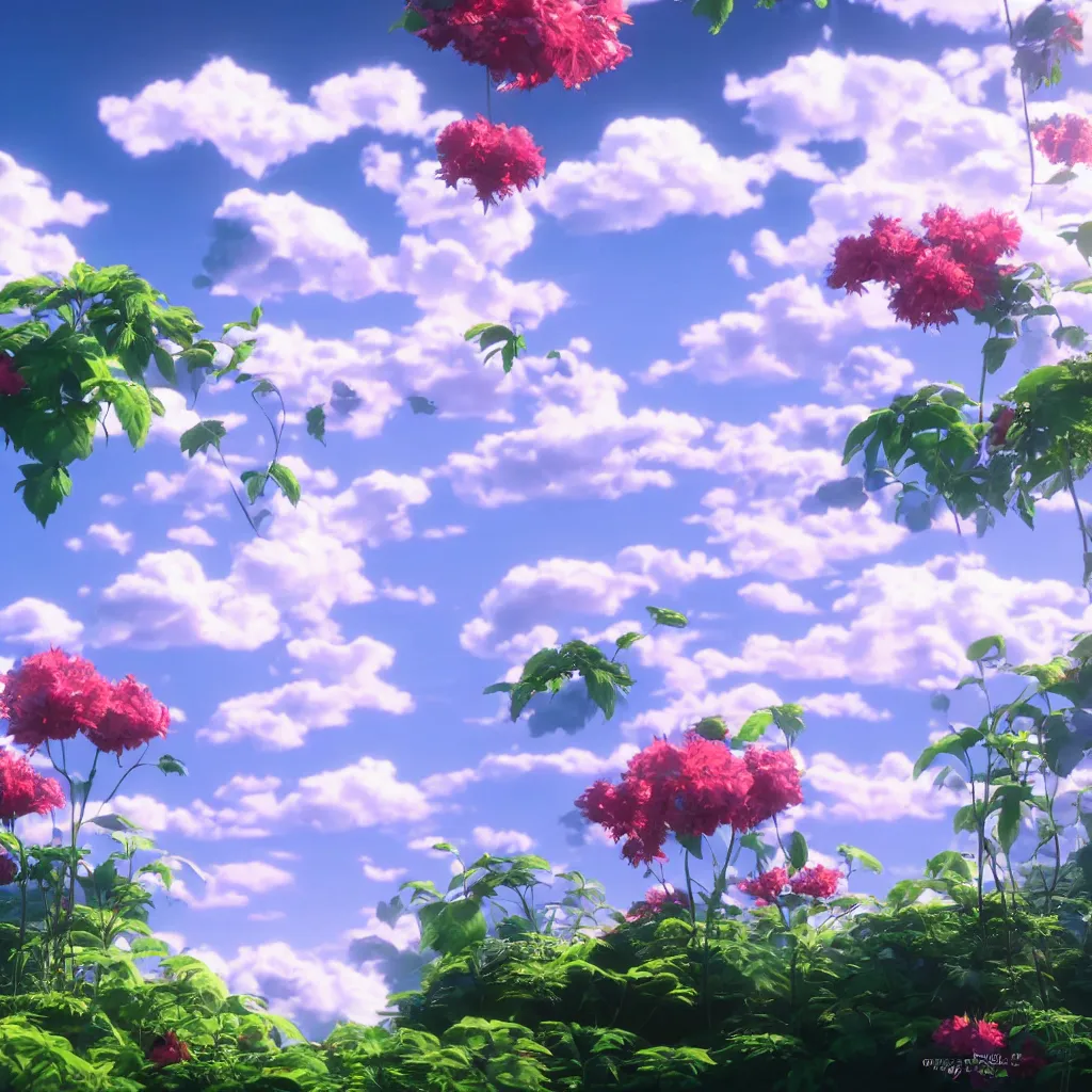 Image similar to city in the sky, flying island, white fluffy cloud, monocular, volumetric light, leaves foliage and stems, hibiscus flowers, alexander mcqueen, rim light, studio ghibli 8 k