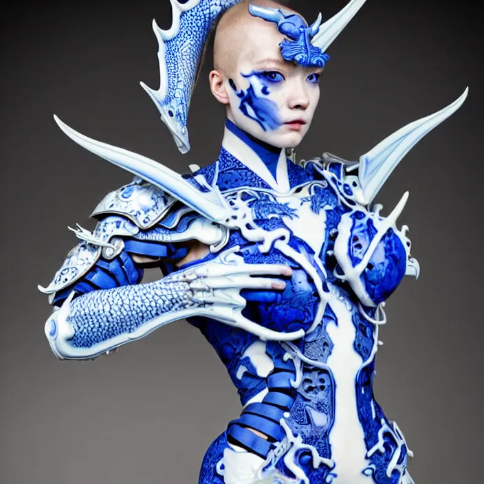 Prompt: porcelain cyborg armor, Chinese Kangxi Blue and white dragon pattern porcelain, diffuse lighting, fantasy, intricate, elegant, highly detailed, lifelike, photorealistic, digital painting, artstation, illustration, concept art, smooth, sharp focus, art by John Collier and Albert Aublet and Krenz Cushart and Artem Demura and Alphonse Mucha