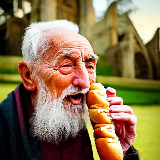 Prompt: Colour Photography of 1000 years old man with highly detailed 1000 years old face. Man eating hot-dog in style of Josan Gonzalez