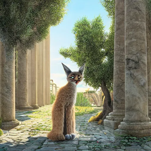 Prompt: cute fluffy caracal in ancient greek town, marble columns, olive trees, sunny, a beautiful landscape by gediminas pranckevicius