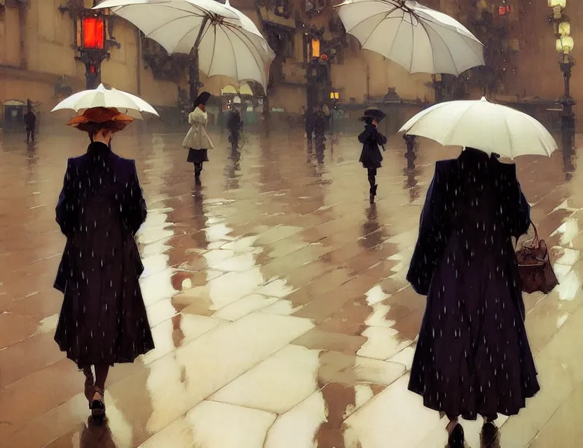 Prompt: beautiful woman walking in the rain alone, hands in coat pockets, painted by krenz cushart, mucha, ghibli, by joaquin sorolla rhads leyendecker, by ohara koson