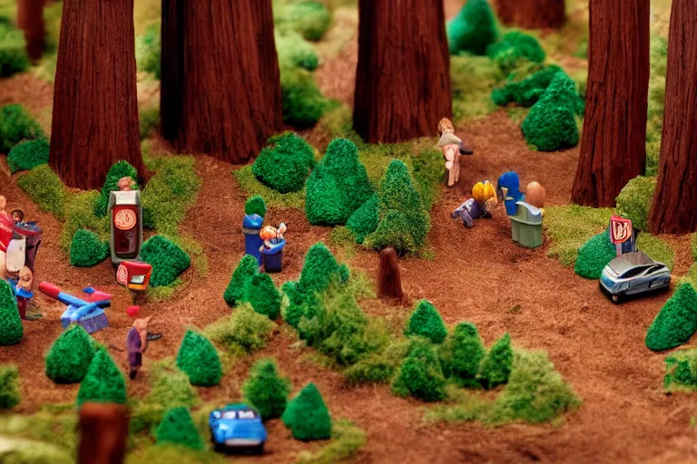 Image similar to fisher price redwood forest, california scene from tv show hyper detailed 5 5 mm 8 5 mm, toy photography