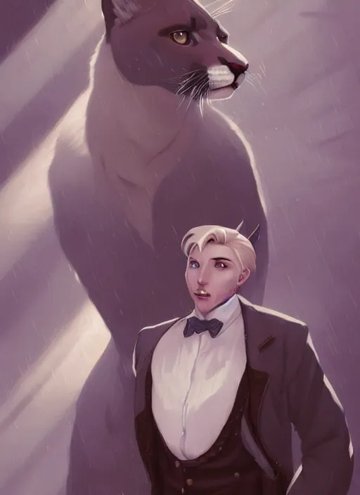 Image similar to beautiful portrait commission of a male furry anthro albino mountain lion wearing a white dress shirt with suspenders in an old-timey Saloon. Atmospheric. Character design by charlie bowater, ross tran, artgerm, and makoto shinkai, detailed, inked, western comic book art