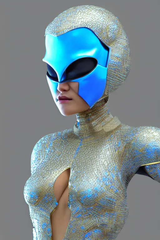 Image similar to detailed portrait glam cyber noun, attractive feminine curves, intricate, scifi, futuristic, elegant cape, elegant, alien room background, white, blue, gold, photorealism, trending on artstation, holy halo, advanced technology, art by moebius and vitaly bulgarov and chanthara