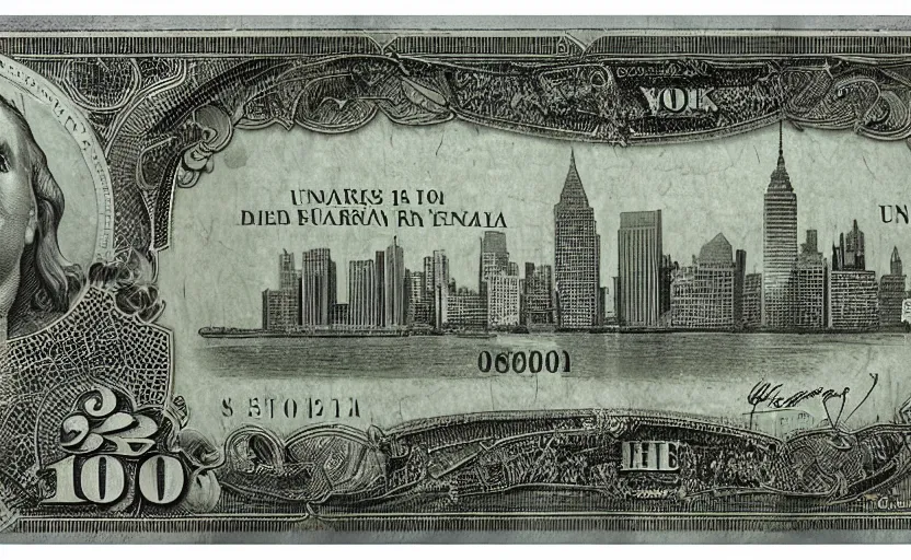 Image similar to rectangular photograph of two hundred dollar u. s. currency note featuring new york city skyline