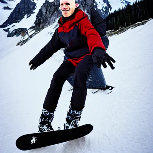 Image similar to portrait of nosferatu snowboarding in the alps, sport photography