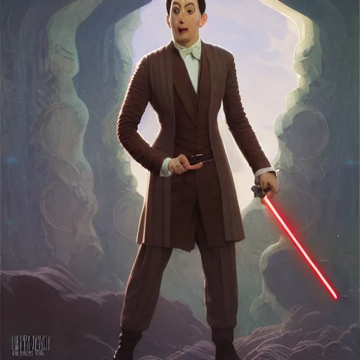 Image similar to Pee-Wee Herman playing a Jedi Knight, cinematic lighting, intricate, elegant, highly detailed, digital painting, artstation, smooth, sharp focus, illustration, art by artgerm and greg rutkowski and alphonse mucha and Wayne Barlowe and william-adolphe bouguereau