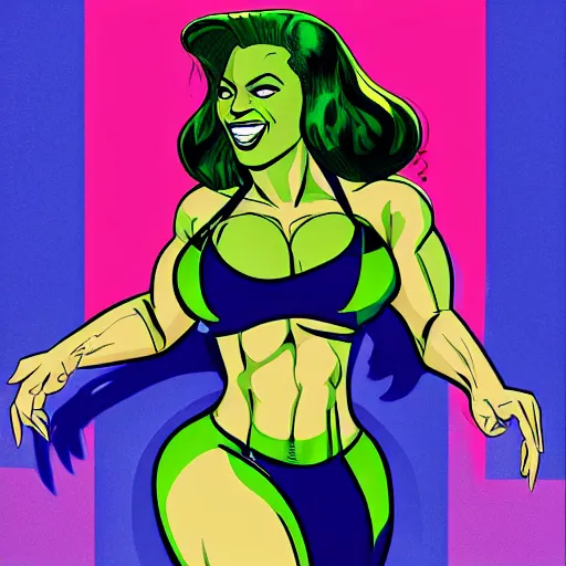 Image similar to Singer Beyoncé as She-Hulk, smiling, poster framed, comic pinup style, sports illustrated, detailed legs, artstation, illustration, posterized, Roge Antonio, Jen Bartel