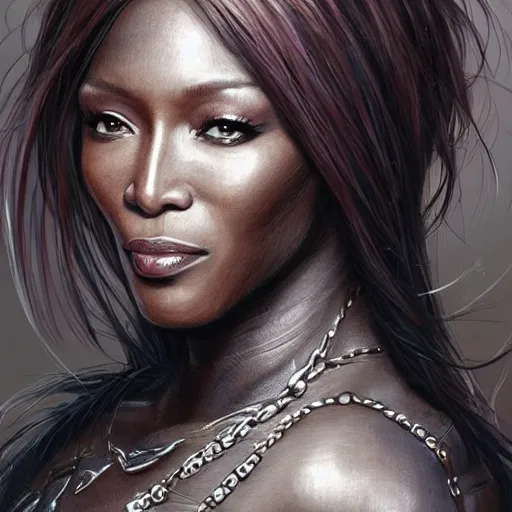 Prompt: beautiful, very strong, naomi campbell, middle aged, face, no makeup, no tattoos, warrior, battle hardened, head shot, fantasy, highly detailed, digital painting, artstation, concept art, sharp focus, illustration, art by jodie muir and brom