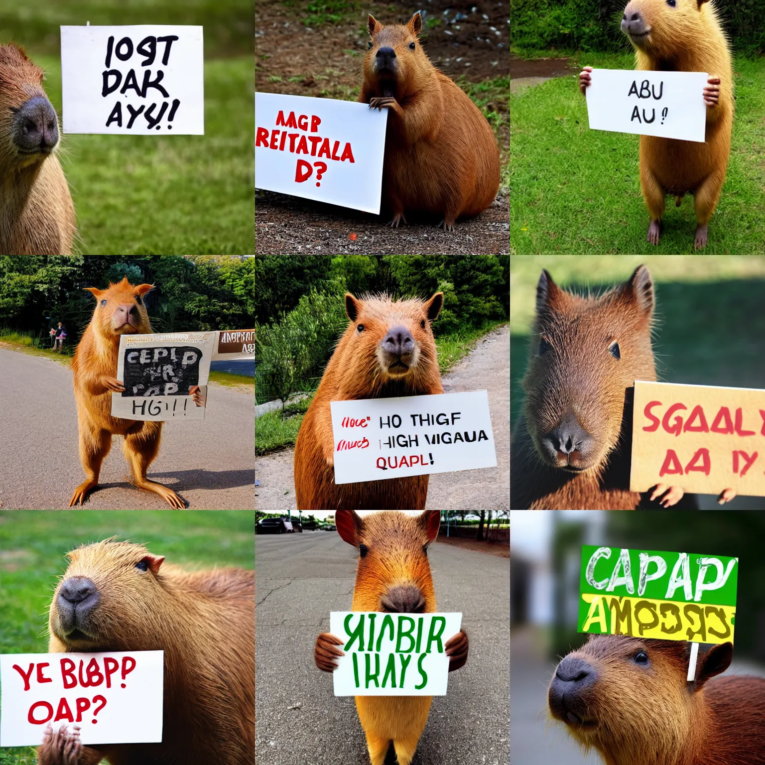 Prompt: realistic high quality photo of a capybara holding a sign with text that reads :?