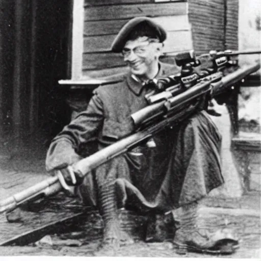 Image similar to old wartime photograph of bill gates holding a lewis gun, 1 9 1 7