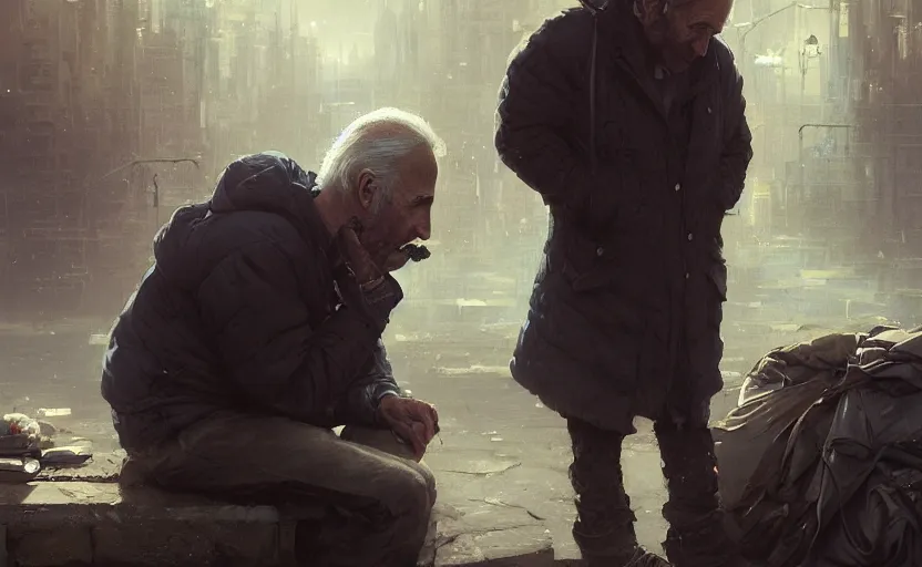 Image similar to highly detailed portrait of joe biden as a homeless, conversing with nicolas cage, stephen bliss, unreal engine, fantasy art by greg rutkowski, loish, rhads, ferdinand knab, makoto shinkai and lois van baarle, ilya kuvshinov, rossdraws, tom bagshaw, global illumination, radiant light, detailed and intricate environment