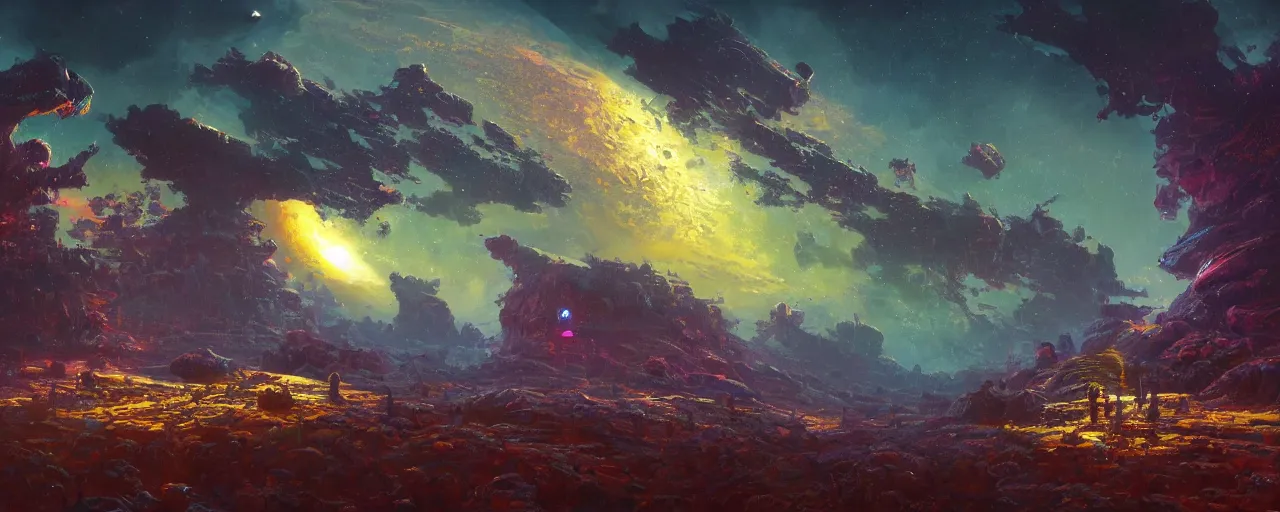 Prompt: ” outer planet landscape, [ cinematic, detailed, epic, widescreen, opening, establishing, mattepainting, photorealistic, realistic textures, octane render, art by paul lehr ] ”