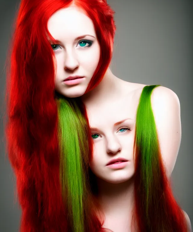 Prompt: Beautiful young woman, Fae, portrait, long red hair, green highlights