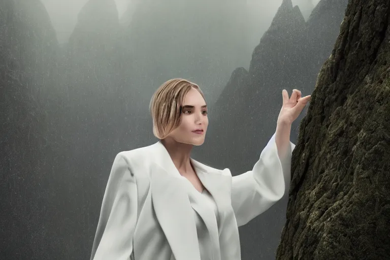 Image similar to a cinematic headshot portrait of a beautiful middle aged woman wearing futuristic white suit on the top of a mountain, overlooking a vast serene forest, large diffused light, neon light, 4 k, ultra realistic, dramatic lighting, rain, clouds, fog, vogue, fashion, glamour, magazine spread, by marco mazzoni and jessica rossier