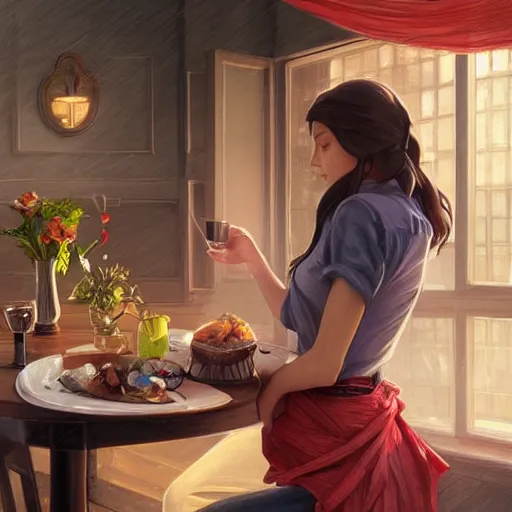 Prompt: a dinner date with the girl next door, slice of life, modern, realistic,!! looking at the camera!!, solo, first person pov, elegant, highly detailed, digital painting, artstation, concept art, matte, sharp focus, illustration, art by artgerm and greg rutkowski and alphonse mucha