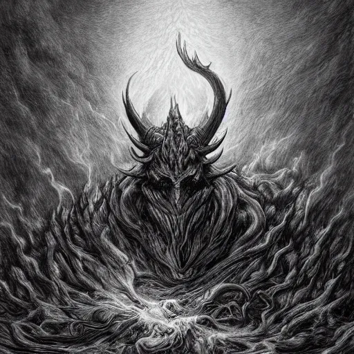 Image similar to full body grayscale drawing by Gustave Dore and Anato Finnstark of horned humanoid demon, engulfed in swirling flames