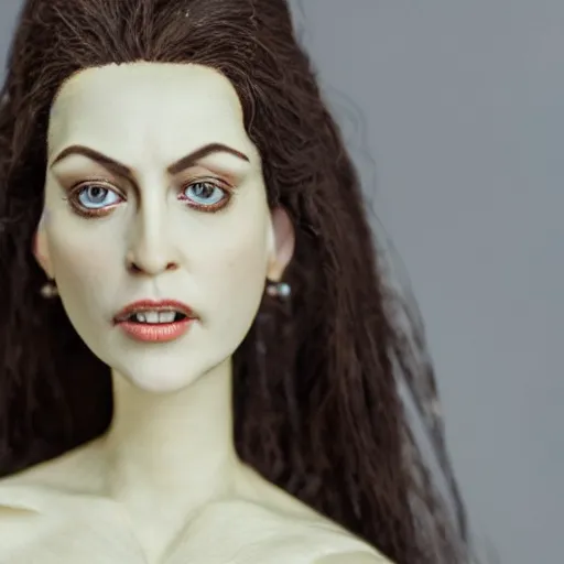 Image similar to photo taken of an epic intricate, ultra detailed, super realistic bust of a majestic gracious regal aristocratic brunette female vampire stop motion puppet created by weta workshop, menacing, some zoomed in shots, photorealistic, sharp focus, white wall, extremely cold blueish colour temperature, 3 5 mm, f 1. 4, golden ratio