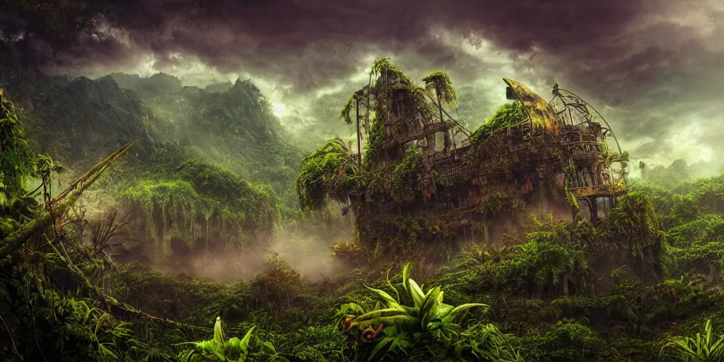 Image similar to a rusty ethereal ghost ship in a prehistoric jungle, lush flora, waterfall, mountains, dark towering clouds, flowers, vines, sunset, hazy, volumetric lighting, rtx on, washed out colors, an award winning digital render, beautiful, stunning, ultradetailed, great composition