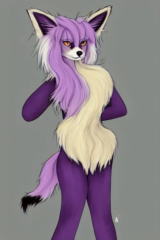 Prompt: a portrait of a cream-colored fox furry fursona with long purple hair and black fox ears wearing a crop top, furry artwork, furaffinity, award-winning art