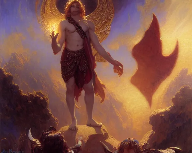 Image similar to attractive male deity, casting demonic magic, summoning handsome lucifer morning star. highly detailed painting by gaston bussiere, craig mullins, j. c. leyendecker 8 k