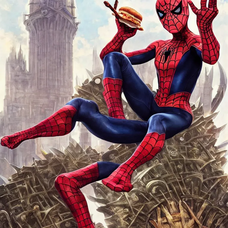 Image similar to emma watson in a spiderman suit sitting on the iron throne, eating a hamburger, gentle expression, elegant clothing, photorealistic, highly detailed, artstation, smooth, sharp focus, art by michael whelan, artgerm, greg rutkowski and alphonse mucha