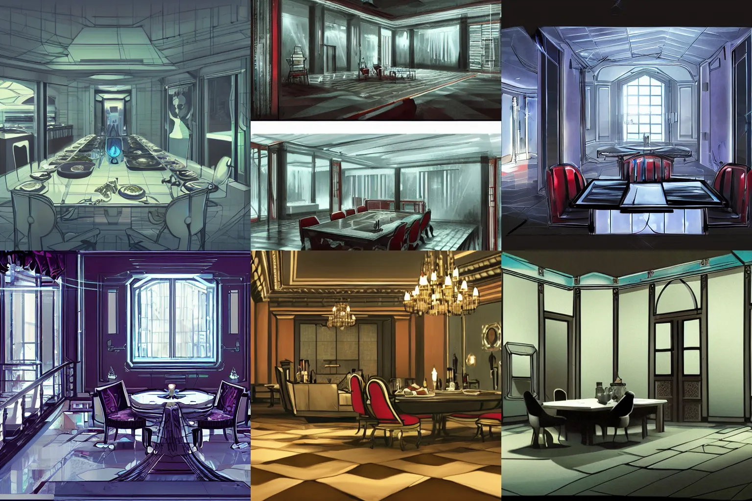 Prompt: concept art for a video game, inside of a futuristic but classy mansion, style of Mirror\'s Edge and Resident Evil, dining table, isometric perspective